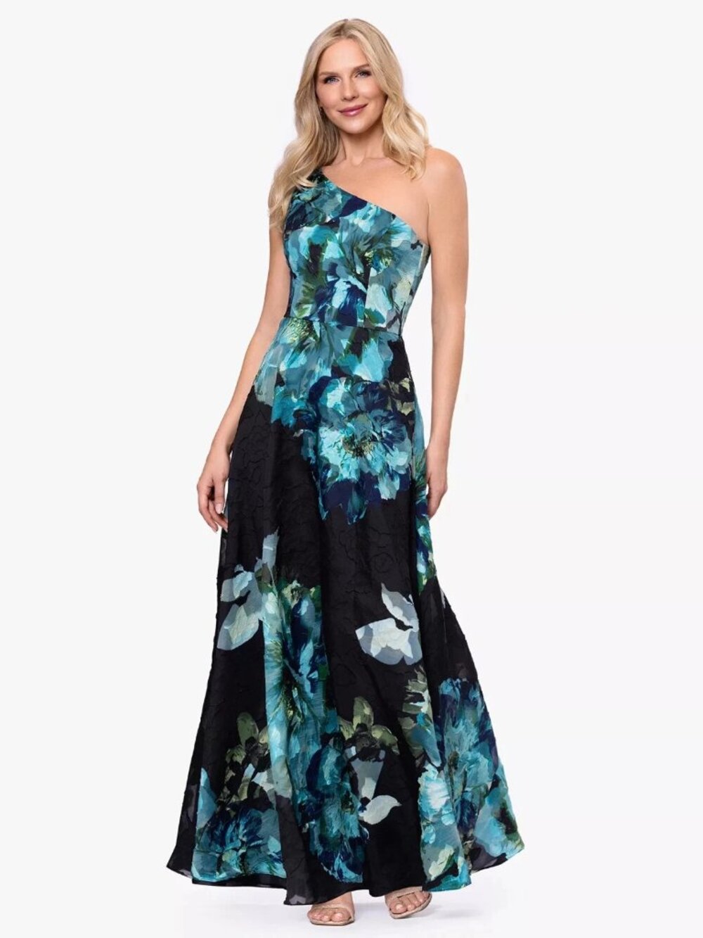 Betsy & Adam Black Teal One Shoulder Printed Organza Long Gown